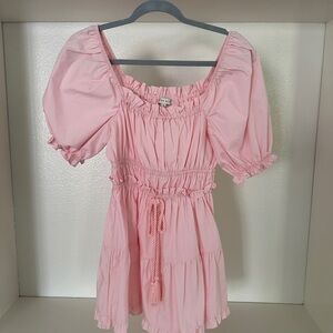 Pink Ruched Sundress with Puff Sleeves